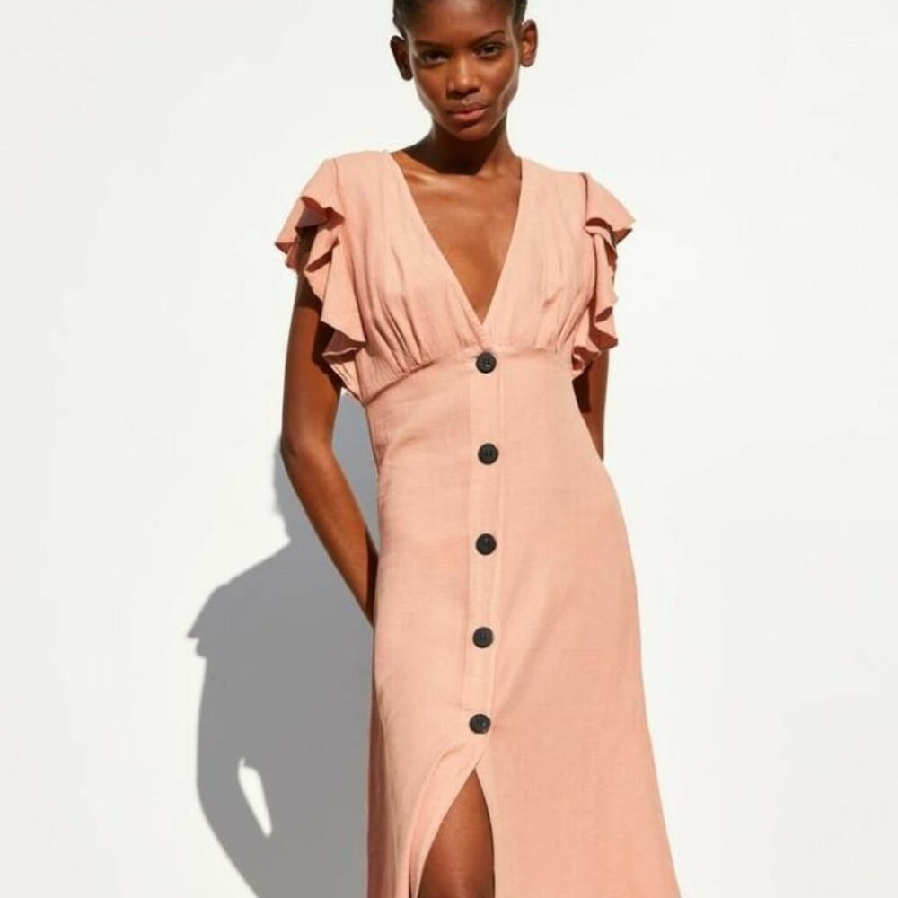 Linen-blend flutter sleeve dress